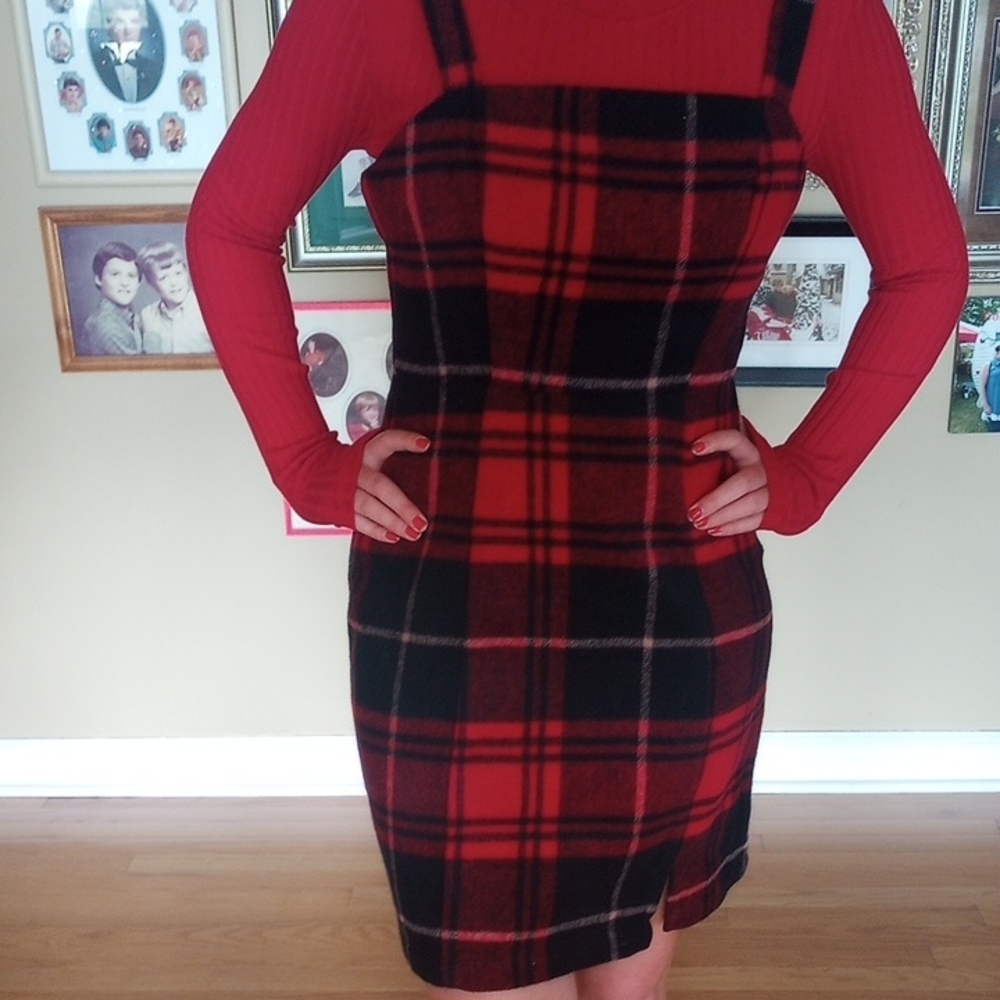 Red Plaid Dress - Classic Plaid Layering Piece - Picture 2 of 12